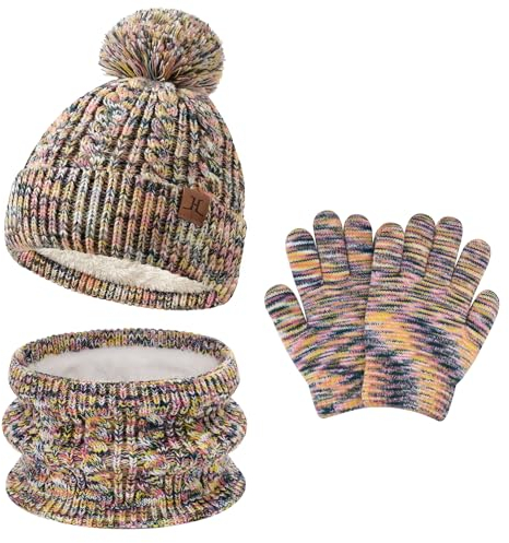 Kinder Winter Warm Beanie Mütze Handschuhe Loop Schal Set Wintermütze Strickmütze Schlauchschal Winterhandschuhe für 5-8 Jahre Mädchen Jungen, Gelb