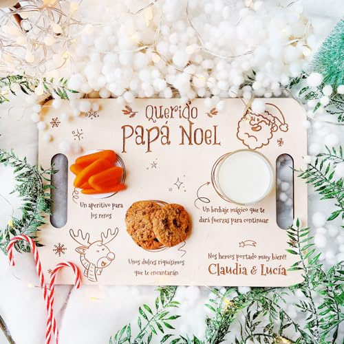 MONAMÍ - Bandeja para Papá Noel y Reyes Magos, Personalizada con dedicatoria. Madera de Abedul 5mm de Grosor. 36x25cm.Adornos de Navidad Personalizados para el hogar