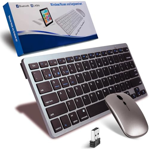 Ensembles Clavier et Souris sans Fil 2.4Ghz & Bluetooth,Clavier Souris sans Fil Rechargeable Ultra-Fin Compact,Souris Silencieuse 3 DPI Réglables,pour Ordinateur/PC/Laptop/Windows/Mac,QWERTY,Gris