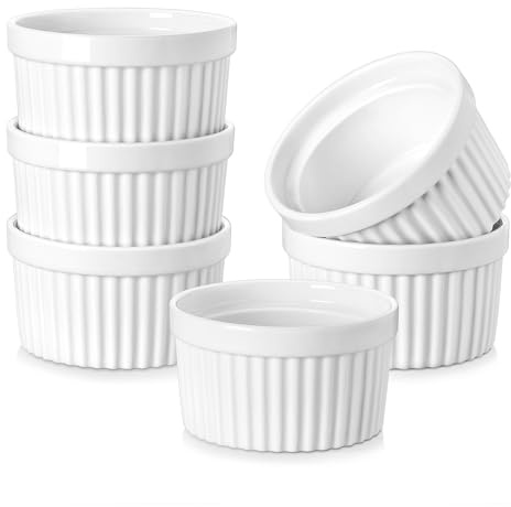 MALACASA Ramekins 8 oz Oven Safe, Porcelain Creme Brulee Ramekins Pudding Custard Cups Ceramic Souffle Dishes Ramakan Ramiken Ramicans Baking Bowls Set of 6, White, Series RAMEKIN-DISH