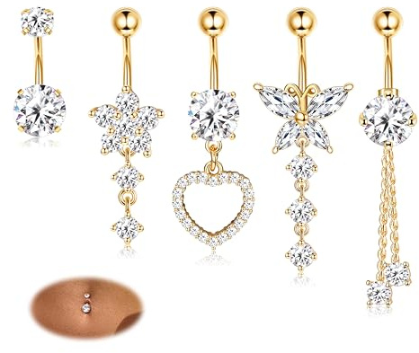 Diamday 5stk Bauchnabelpiercing Chirurgenstahl Piercing Bauchnabel CZ Baumelnd Bauchnabelpiercing Set 14G Belly Piercing Ring Nabel Barbell Bauchnabelpiercing Gold Silber Schmetterling Herz Anhänger