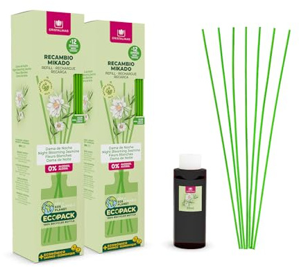 CRISTALINAS | Pack 2 Recambio Ambientador Hogar Mikado + Cañas | Aroma Dama de Noche | Ideal para casa y oficina | 100% Puro | Larga Duración 12 Semanas | 2x85ml | 0% Alcohol