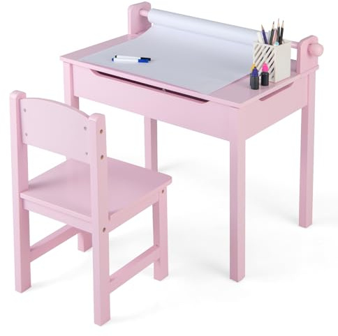 GYMAX Set Tavolo e Sedia per Bambini, Tavolo da Disegno con Rotolo di Carta per Bambini, Scrivania con Spazio di Archiviazione & Gambe in Legno di Pino, per Disegnare, Studiare (Rosa)