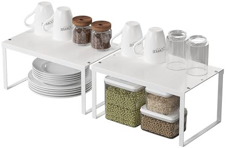 Regaleinsatz, 2er Set Metall Küchenschrank Organizer, Erweiterbar küchen Regal, Stapelbar Gewürzregal mit Anti-Rutsch Matte,Küche Schrankeinsatz für Schrank, Regaleinsatz, Arbeitsplatte, Weiß
