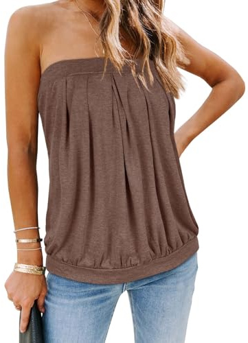 Womens Tube Tops Summer Strapless Bandeau Tanks Casual Sleeveless Vest Off Shoulder Shirts(Coffee Hemp,L)