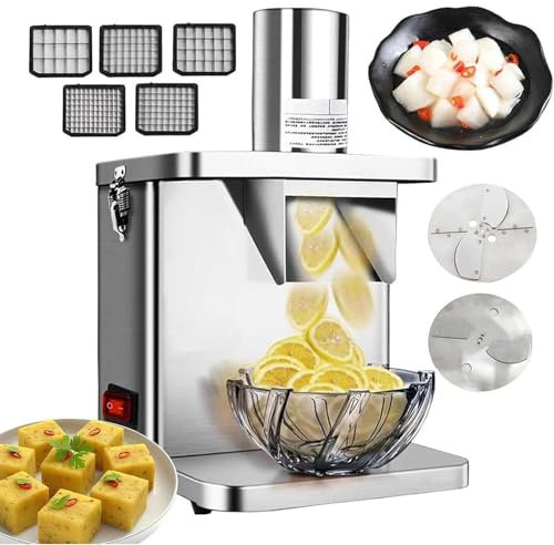 Coupe-Légumes Électrique - Robot Culinaire Automatique Commercial 250W avec Lames de Coupe en Dés et de Tranchage pour Oignons, Pommes de Terre, Machine de Découpe de Fruits