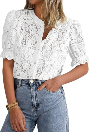 LLECDASEUI Damen Elegant Spitze Dressy Blusen 2025 Sommer Kurze Puffärmel Tunika-Oberteile Rundhalsausschnitt Button Down Hemden (M,Weiß)