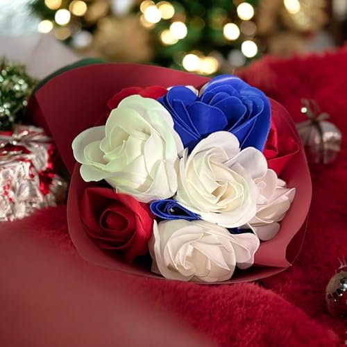 Générique Bouquet de Roses en Savon, Rouge, Blanc et Bleu, Fleurs Artificielles Parfumées