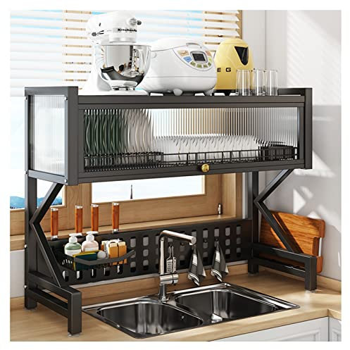Nizer - Escurreplatos de 2 niveles con puerta de armario y estante multifunción extensible con ganchos (85 x 34,5 x 82 cm), color negro