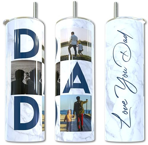 EKAM Personalised Father’s Day Gift for Dad – Custom Photo Tumbler – Personalised Travel Coffee Mug, 20oz Stainless Steel Tumbler Cup with Straw and Lid – Insulated Coffee Cup – Dad Gift