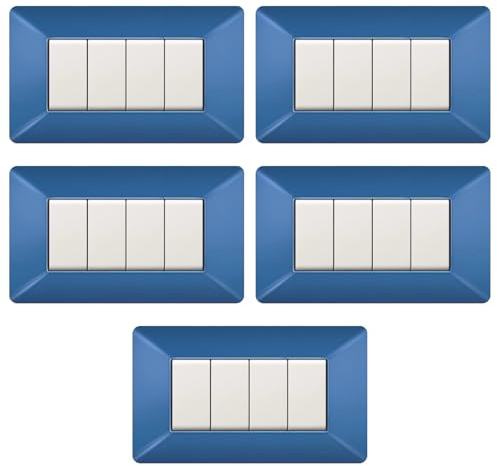 5 placas, fabricado en Italia, 4 módulos/plazas, compatible con BTicino Matix, color azul, placas de plástico de alta calidad, 100% compatible con los soportes y módulos originales