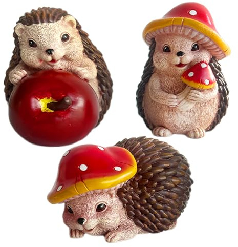 Lot de 3 hérissons en résine synthétique avec champignons pommes, décoration de jardin, décoration d'automne, décoration de jardin pour l'extérieur, hérisson, figurine décorative amusante en
