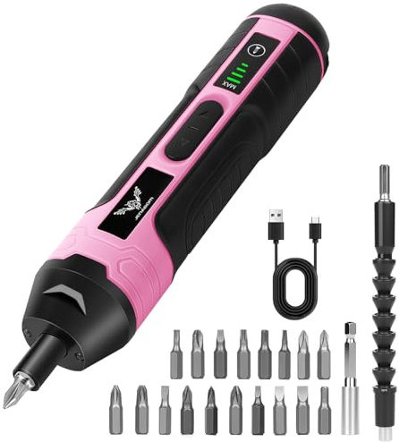 JENABOM Electric Cordless Screwdriver for Women, 3.6V Rechargeable Screwdriver Pink with LED Light, 5N.m Max Torque, 4-Gear Torque, 21 Pcs, Ideal for Daily & Light Industrial Use
