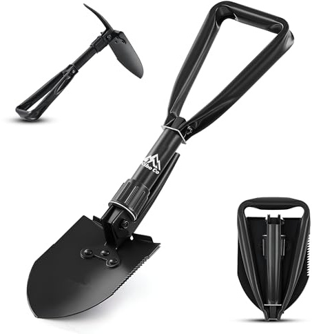 KIBOCO Small Folding Survival Shovel, Military-Style Tool for Car, Snow, Camping, Backpacking - 18 Carbon Steel Multitool with Pick