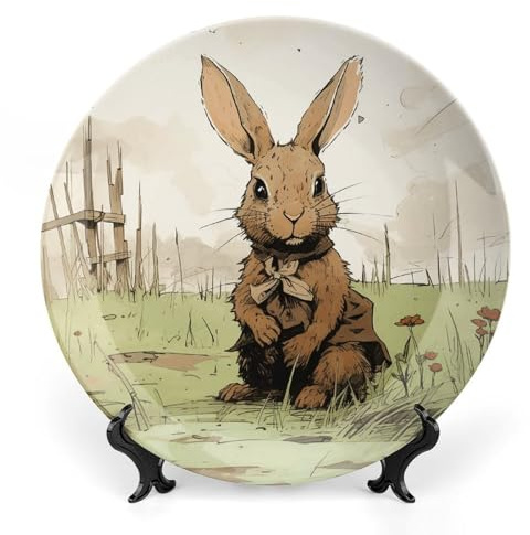 Rkklvbns Assiettes décoratives en porcelaine anglaise avec support de présentation - 25,4 cm - Motif lapin marron - Pour la décoration murale de la maison et du bureau