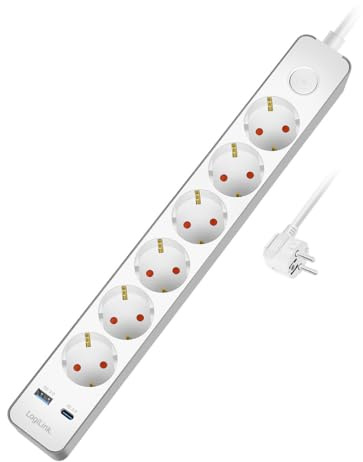 LogiLink LPS288U - Steckdosenleiste 6-Fach + EIN- /Aus Schalter, 6X CEE 7/3, 1x USB-A (18 W), 1x USB-C (20 W), Kablellänge: 1,4 m