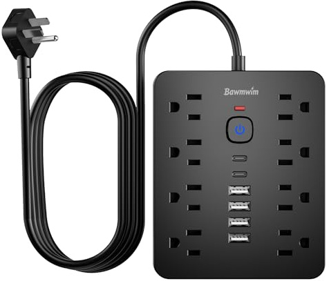 Bawmwim Surge Protector Power Strip, 8 Outlets(1250W/10A), 6 USB Charging Ports(2 USB C), 6FT Flat Plug Extension Cord Outlet Extender with Overload Protection, ETL Certified for Office, Dorm Room