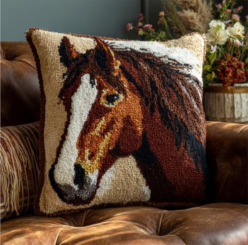 RKFLGEW Diy Knüpfen Set Pferd Tier Diy Knüpfkissen-Set，Anfänger，Erwachsene，Teenager，Geschenk，Stickerei，Heimdekoration 43x43cm