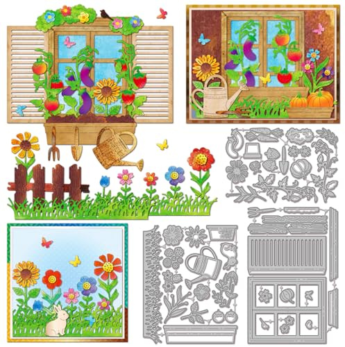 GLOBLELAND Window Frames Cutting Dies for Card Making Garden Flowers Leaves Die Cuts Fences Grass Pumpkins Borders Metal Die Cut Dies for DIY Scrapbooking Embossing Photo Album Craft Decor