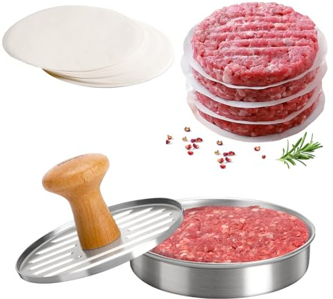 HavenChef Burger Press – Food-Grade Stainless Steel Press with 100 Non-Stick Papers & Dishwasher Safe – Perfect for Burgers in Grilling, Roasting, or Kitchen Cooking!