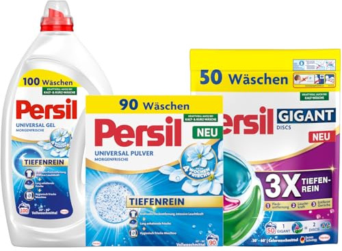 PERSIL Universal Pulver Morgenfrische 90 WL 4,95 kg + PERSIL Universal Kraft-Gel Morgenfrische 100 WL 4,5 L + Color Gigant Discs 50 WL 1,25 kg – Waschmittel Kombination für bunte Wäsche