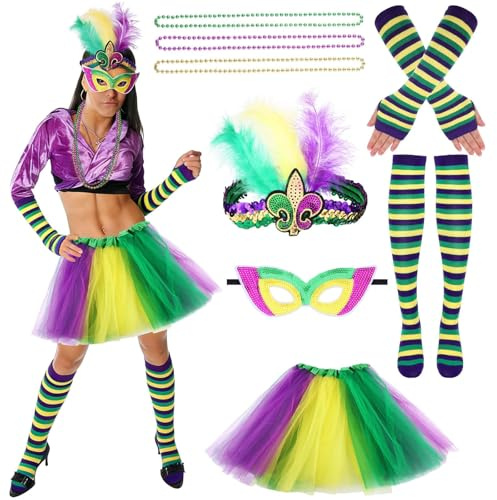 Kklolai 8 pièces Costume de Carnaval Femme serre-tête à plumes, jupe tutu, collier de perles, masque, gants et chaussettes hautes pour femmes et filles Accessoires de déguisement pour Mardi Gras