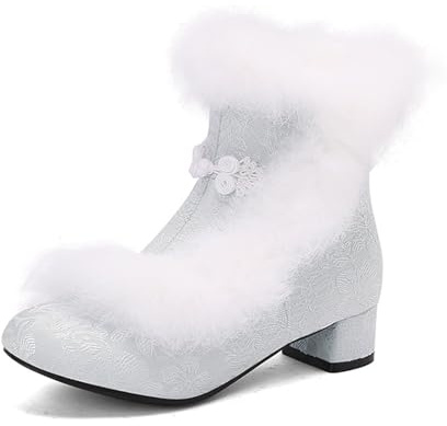 LDXEQIZ Stivaletti Tradizionali con Bottoni Cinesi Stivali da Donna con Ricami Stivaletti Invernali con Tacco Largo Stivali da Neve con Calda Fodera in Peluche Eleganti Tacchi Alti(Blue,39 EU)