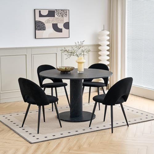HJhomeheart Esszimmergarnitur, Runder Esstisch (115 cm Durchmesser) und 4 Esszimmerstühle mit Stoffbezug, Geeignet für Esszimmer, Küche und Wohnzimmer (Schwarz + Schwarz)
