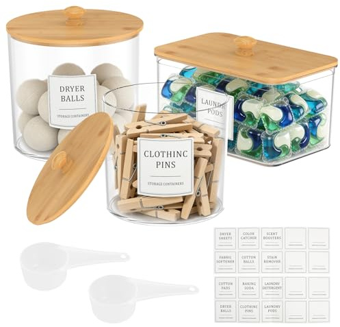 Waschmittel Aufbewahrung 3er Set Box aus PET mit Holzdeckel Transparent | Luftdichte Behälter für Waschpulver Duftperlen Wäschepods Trocknertücher Inkl 2 Messlöffel 20 Etiketten Wäschekammer