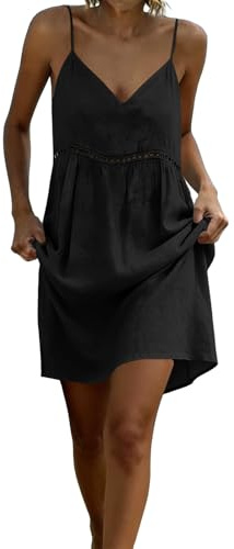 Vestito Lungo Elegante - Vestito Donna Estivo Corto in Cotone Lino, Scollo a V con Spalline Sottili, Tinta Unita, Abito Casual Prendisole Leggero per Mare Vacanza Spiaggia
