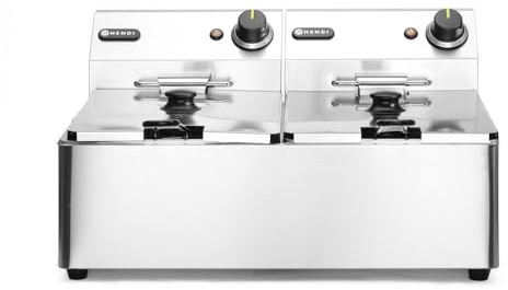 HENDI Fritteuse, Friteuse, Fritöse, einstellbar bis 190°C, Kaltzone, mit Frittierkorb und Deckel, Entnehmbar Becken, Sicherheitsthermometer, 2x6L, 230V, 6600W, 550x430x(H)290mm, Edelstahl