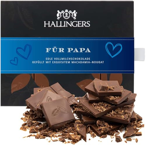 Hallingers Genuss Manufaktur Schokolade Vatertagsgeschenk - Tafel handgeschöpften Edelkakaos ohne Alkohol edler Karton Für Papa Macadamia-Nougat, Geschenkidee für Papa Opa