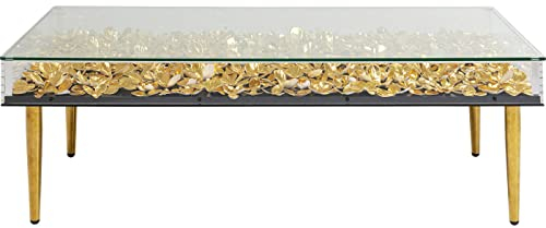 Kare Design Couchtisch Flowers, Gold, Wohnzimmertisch, Beistelltisch, Blumen Motiv, Holz Rahmen, Glas Tischplatte, Glas Tischplatte, handgearbeitet, rechteckig, 40x120x60 cm (H/B/T)