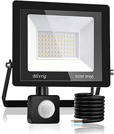 Blivrig LED Strahler mit Bewegungsmelder Außen 50W 6000K Kaltweiß 5000LM | IP66 Wasserdicht, 120° Strahl, Superhell 72 LEDs, Ideale Außenstrahler für Garten Garage Hof Hinterhof