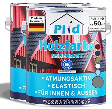 Plid® Holzfarbe Holzlack, Silbergrau 5l - Innen & Außen - Wetterschutzfarbe Silbergrau Holzfarbe Außen - Dauerhafte Holzschutzfarbe - Farbe für Holz - Lackfarbe Wetterfest - Made in Germany