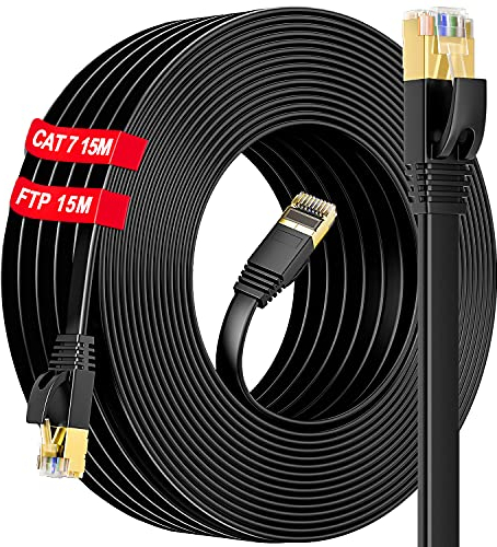 Cable Ethernet Cat 7 de 15m Cable de Internet alta velocidad, Cable de red conectores RJ45 Cable LAN Plano Blindado S/FTP de Cables Ethernet Exterior Interior Impermeables para Router MóDem (15 Clips)