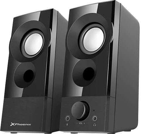 Phoenix – Altavoces de Ordenador 6W RMS 2.0, Conexión Jack 3,5 mm y Cable USB de Alimentación, Puerto para Micrófono y Auriculares