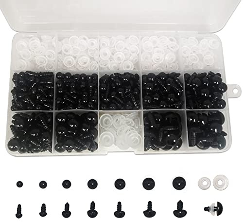 FANGZIDM 346-teiliges Sicherheitsaugen mit Unterlegscheiben von 5 – 12 mm, Spielzeugaugen aus Kunststoff, Schwarz, für Puppenherstellung, DIY, kreative Hobbys