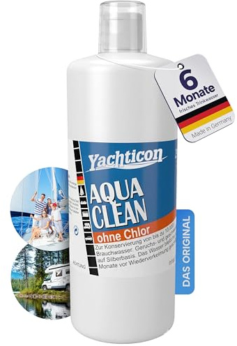 YACHTICON Aqua Clean Flüssig ohne Chlor – Trinkwasser-Konservierung für mittelgroße Wassertanks – hält bis zu 6 Monate frisch, auf Silberbasis, bewährte Formel seit 1982 – Made in Germany