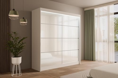 ALTDECOR Kleiderschrank mit Lacobel-Schiebetüren, kugelgelagerte Führungsschienen und Aluminium- Leisten, LED-Beleuchtung (weiß + 16 Farben) und Fernbedienung - PEKA3-200 cm Weiß