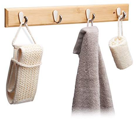 Relaxdays 1 x Hakenleiste Bambus, natürliche Maserung, 4 Metallhaken, Flurgarderobe, Handtuchhalter, HBT: 6 x 48,5 x 5 cm, Natur