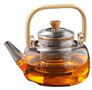 QHLOM Teiera Premium Teiera in Vetro Trasparente con colino Allentato e Manico in bambù Teiera for Foglia Larga tè e tè in Fiore 950 ml Amante del tè, Regalo
