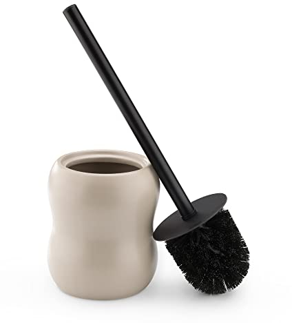 Navaris WC Garnitur aus Keramik und Edelstahl - WC Bürstenhalter inkl. Bürste - Klobürste Toilettenbürste - Klobürstenhalter stehend - Halter in Beige