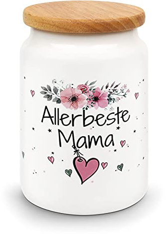 Print Royal Vorratsdose mit Spruch - Allerbeste Mama - Hochwertige Keramikdose mit Holzdeckel - Keksdose für Mama - 650 ml, Lebensmittelecht | Geschenk für Mama
