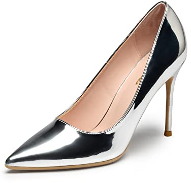 GENSHUO Damen 10 cm Pumps Spitze Zehenpartie Hochzeitsschuhe Schlupfschuhe Stiletto Pumps, Silber PU, 39 EU