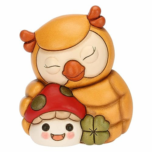THUN, Gufo Lucky e Fungo Ronnie in Ceramica Decorata a Mano, Linea Racconti d'Autunno, 12.2x9.7x15 cm h