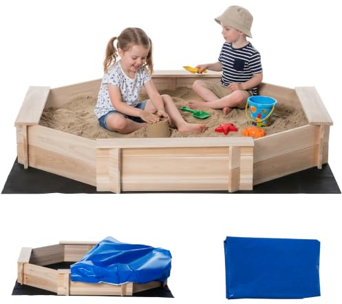Outsunny Sandkasten mit Abdeckung 8-eckig Sandkiste aus Massivholz Bodenloses Design für Kinder 3-8 Jahre Natur+Blau 139,5 x 139,5 x 21,5 cm