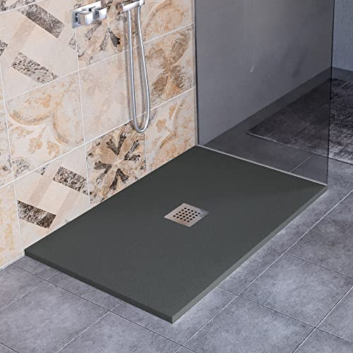 Luminosa ArredoBagno Duschwanne aus Kunstharz, 70 x 100 cm, Modell Florenz, Steinoptik, rutschfest, mit Gelcoat, hergestellt in Italien, mit Ablaufgarnitur – Farbe Anthrazit