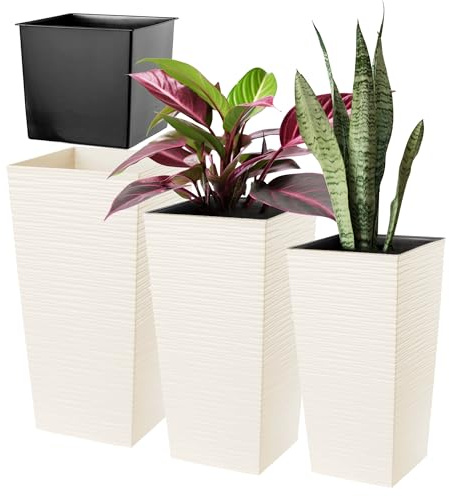 KADAX Maceteros Altos para Plantas de Interior y Exterior, Macetas de Plástico, Jardineras Altas (Texturizado, Crema, 57.5 cm, 68 cm y 75.5 cm)