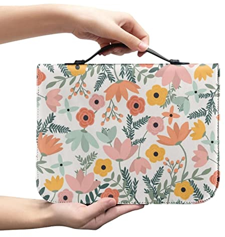 COEQINE Tragbare Bibelhülle aus Leder mit Griffen, Frühlingsblumen, bunte Bibel-Buchhülle mit Tasche für Bleistift, Größe XL